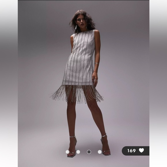 Topshop embellished diamante fringe detail mini dress in white size us 10 uk 14 - Picture 3 of 9
